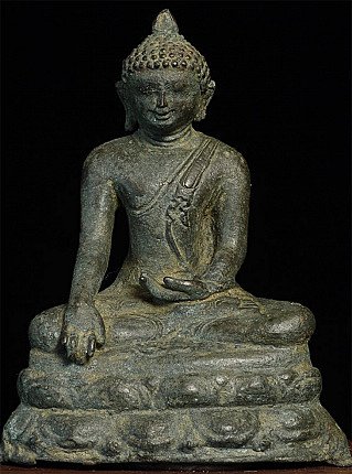 Buddha statue in Burmese bronze, seated in bhumisparsha mudra, full front view
