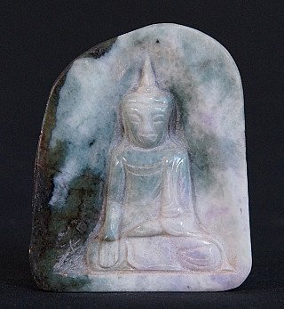 Jade Buddha statue amulet from Burma (Myanmar), seated in bhumisparsha mudra, front view