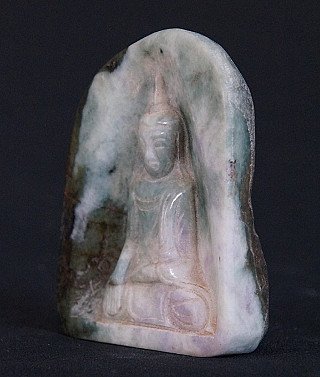 Jade Buddha statue amulet from Burma (Myanmar), seated, three-quarter view