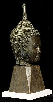 Bronze Buddha head from Thailand, Utong-B period, right side profile on base