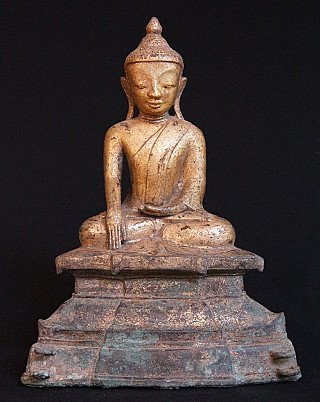 Ava period Buddha statue from Burma (Myanmar), seated front view with bhumisparsha mudra on tiered base