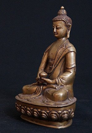 Indian bronze Buddha statue seated in dhyana mudra, three-quarter right view