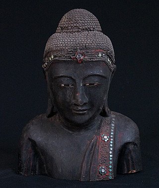 Houten Boeddhahoofd uit Birma (Myanmar), Mandalay-stijl, frontaal met ingelegde haarband