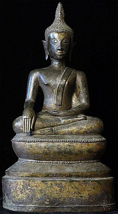 Bronze Buddha statue from Myanmar seated in bhumisparsha mudra, full front view on base