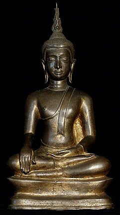 Thai bronze Buddha statue seated in bhumisparsha mudra, full front view on base