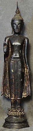Thai bronze Buddha statue standing, full front view with raised hand in Abhaya mudra