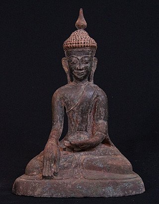 Burmese Inwa Buddha statue in bronze, seated in bhumisparsha mudra, full front view