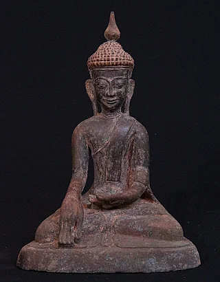 Burmese Inwa Buddha statue in bronze, seated in bhumisparsha mudra, full front view