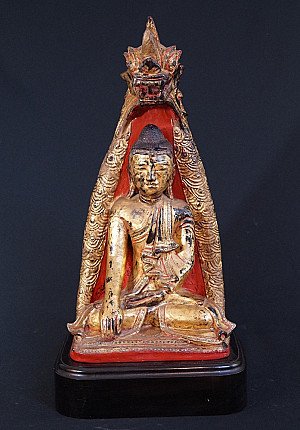 Shan Naga Buddha statue in lacquerware from Burma (Myanmar), seated under naga hood, front view