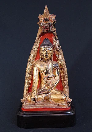 Shan Naga Buddha statue in lacquerware from Burma (Myanmar), seated under naga hood, front view
