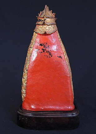 Shan Naga Buddha statue in lacquerware, rear view showing red back panel and naga crest