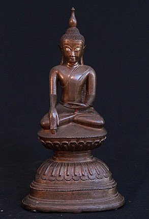 Shan bronze Buddha statue from Burma (Myanmar), seated on tall base, full-front view