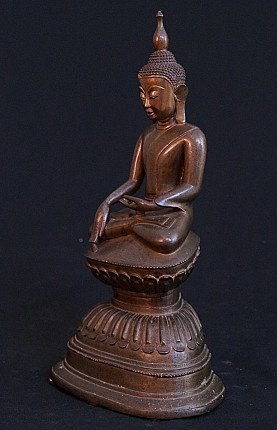 Bronze Shan Buddha statue, seated on stepped base, three-quarter left view