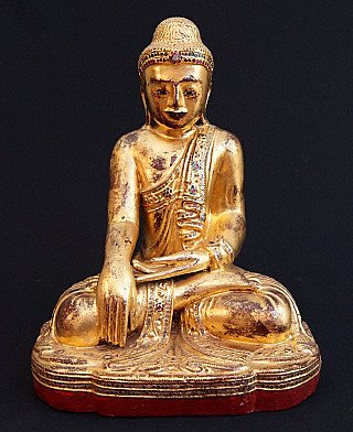 Wooden Mandalay Buddha statue from Myanmar, seated in bhumisparsha mudra, full front view