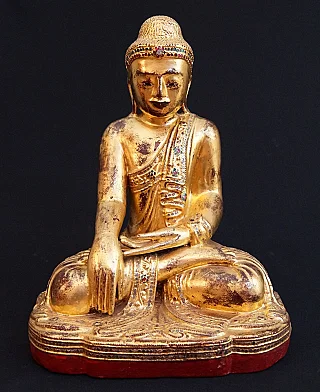 Wooden Mandalay Buddha statue from Myanmar, seated in bhumisparsha mudra, full front view