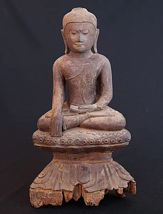Antique Shan Buddha statue from Burma (Myanmar) in wood, seated in bhumisparsha mudra, full front
