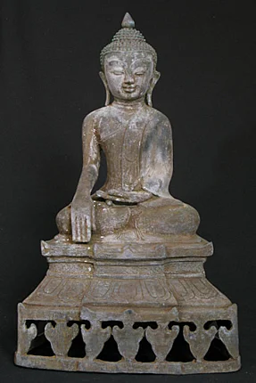 Buddha statue from Burma in bronze, Ava style, seated in bhumisparsha mudra, front view