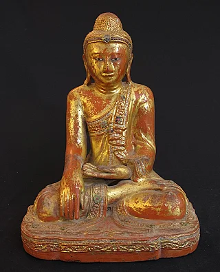 Mandalay-Buddha-Statue aus Myanmar aus Holz, sitzend in Bhumisparsha-Mudra, Vorderansicht