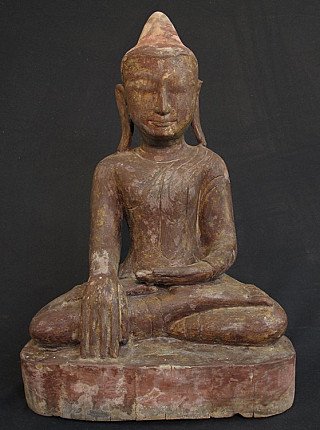 Hölzerne Buddha-Statue aus Burma (Myanmar), sitzend in Bhūmisparśa-Mudrā, Frontalansicht